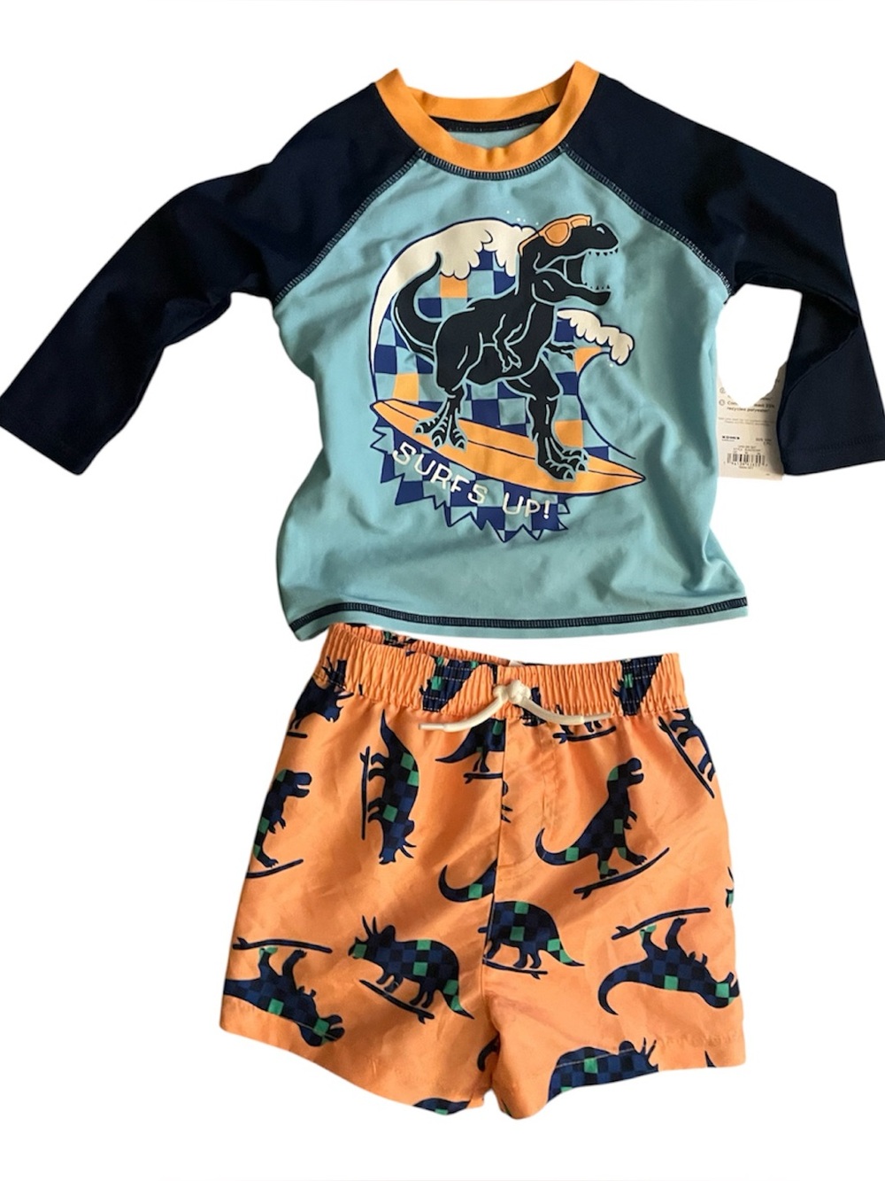 NWT jumping beans Blue & Orange Dino Surf Rashguard swim trunks set 18 months